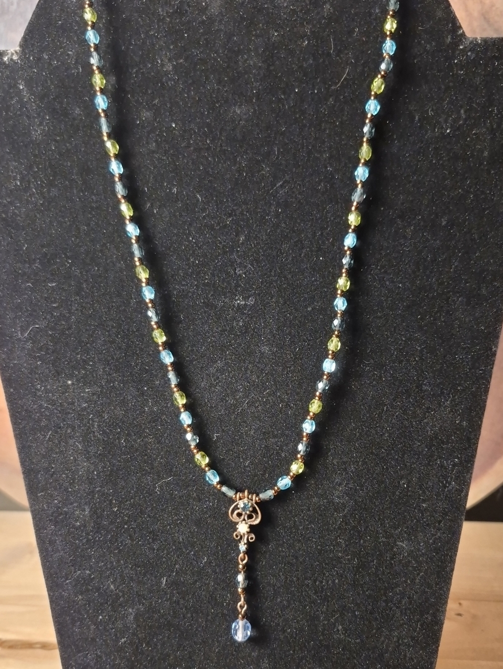 Blue & Green Crystal Drop Necklace with Filigree Pendant - Women Jewelry